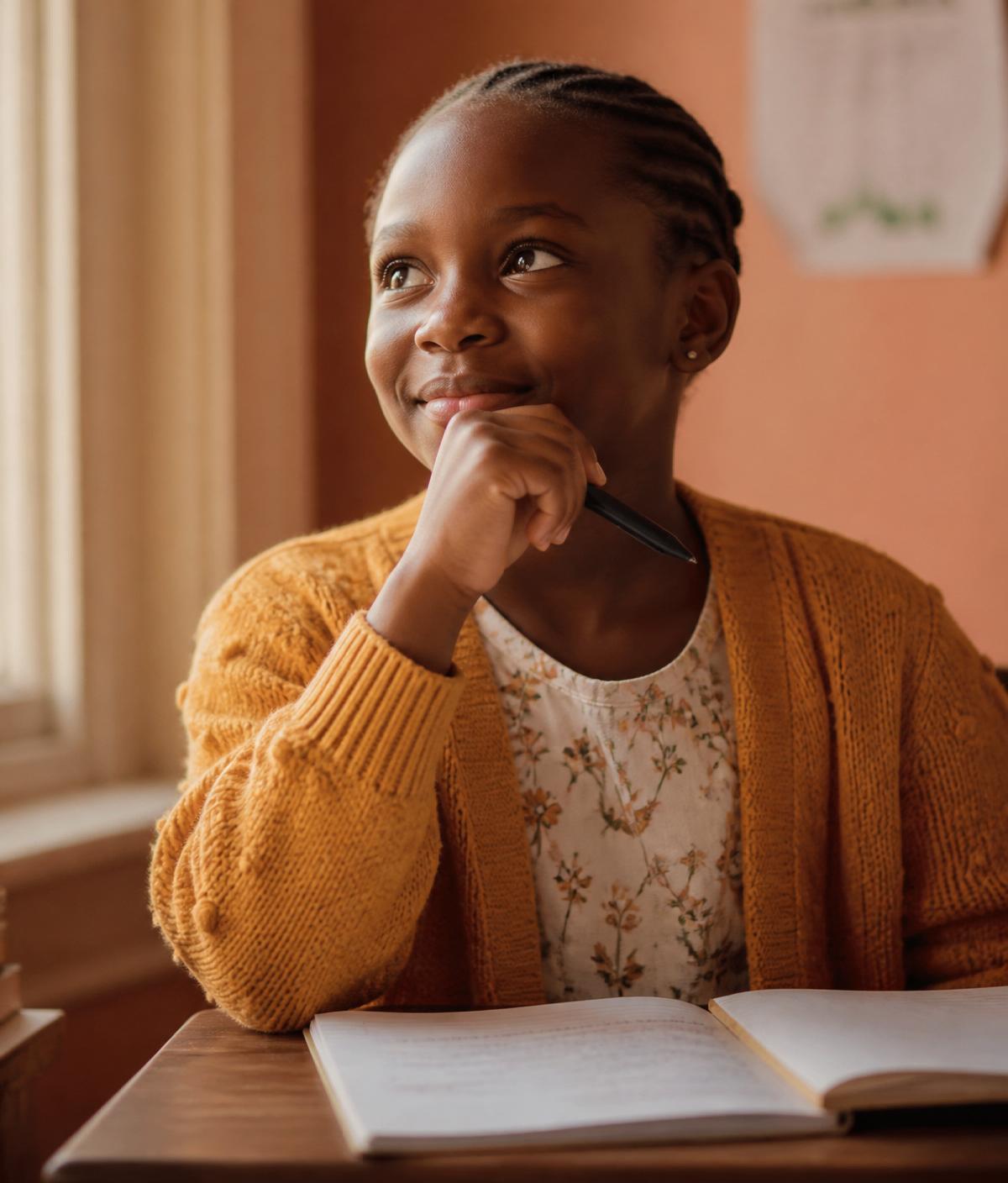 A young girl at her desk, pausing in a moment of quiet realisation